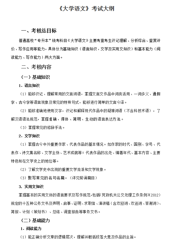 浙江專升本大學語文考試大綱及備考常識